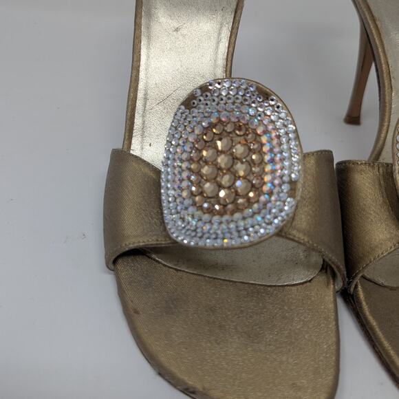 Stuart Weitzman Slip On Rhinestone Trimmed Heel Sandals Gold Size 8 - Picture 10 of 12